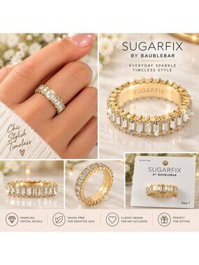 SUGARFIX by BaubleBar Crystal Baguette Statement Ring Gold Tone Size 7 NWT